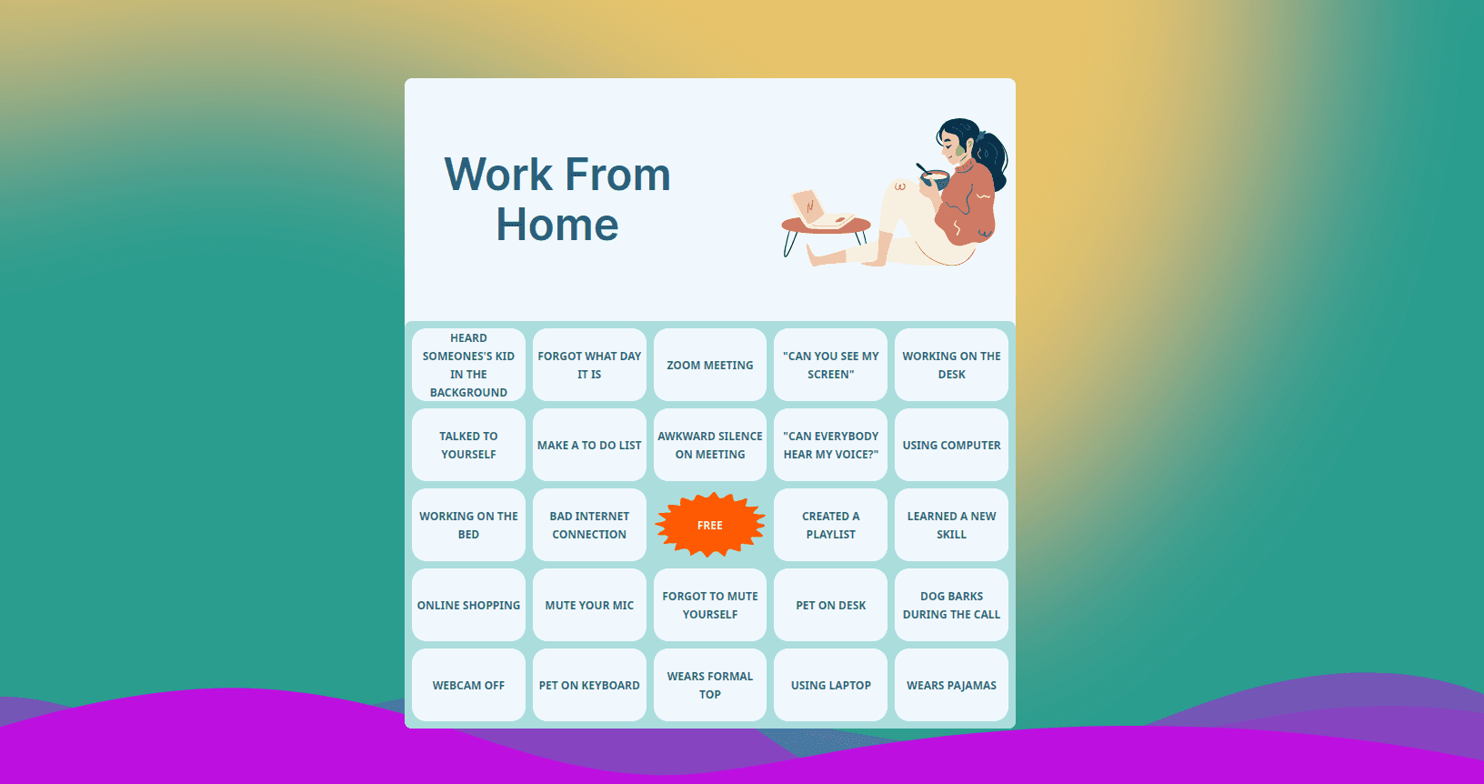 Work From Home Bingo game